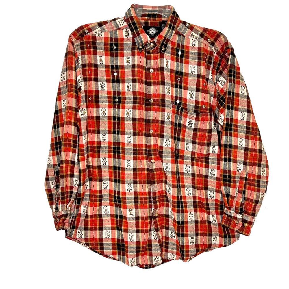 Vintage Santana Orange Brown Plaid Button Down Shirt with Studs Mens Large